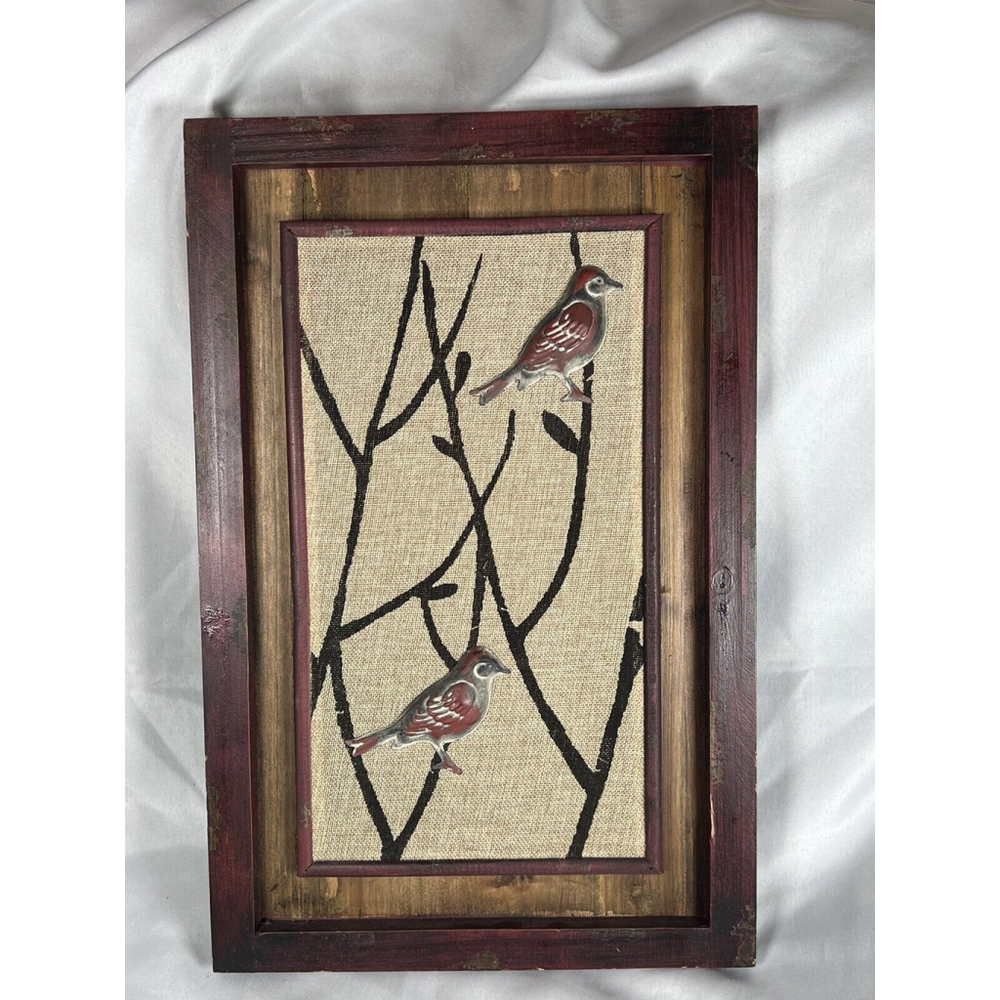 3D Birds Sitting on Painted Branches On Burlap Framed Wall Art